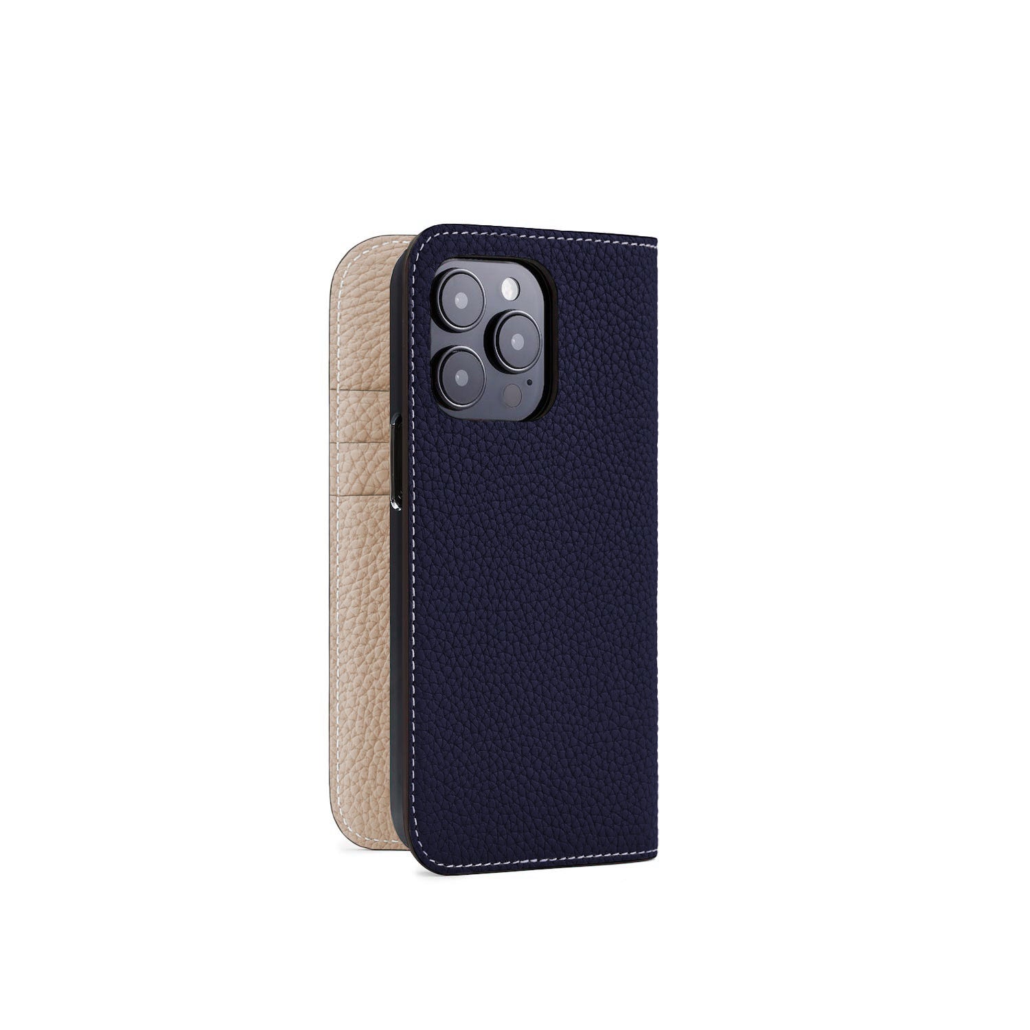 iPhone 15 Pro Diary Case Shrink Leather (Navy × Greige)