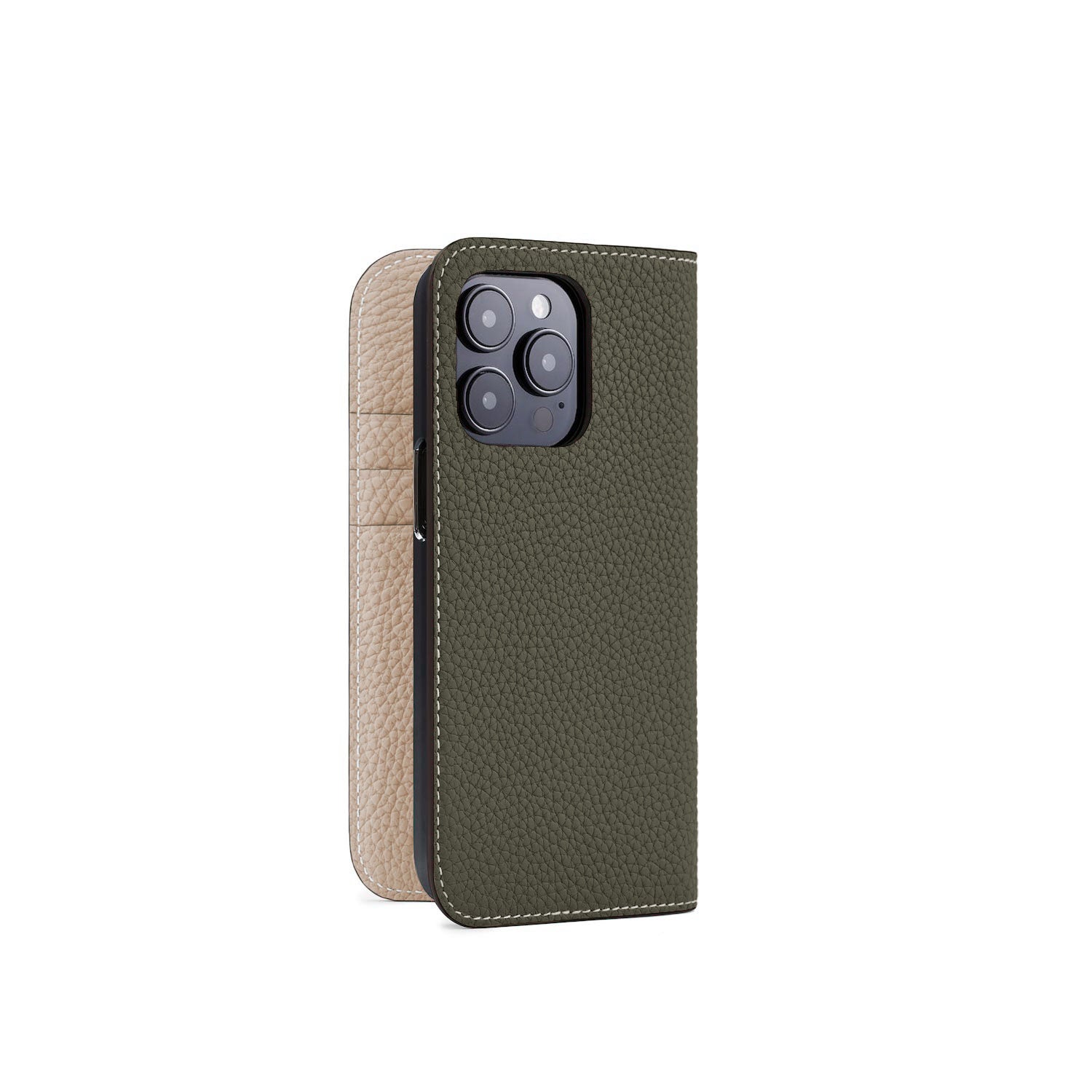 iPhone 15 Pro Diary Case Shrink Leather (Olive × Greige)