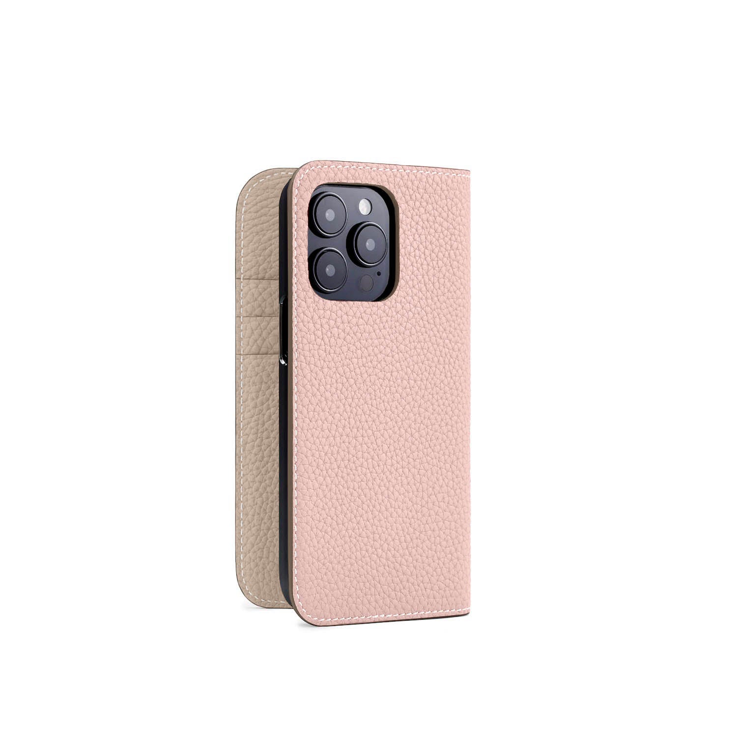 iPhone 15 Pro Diary Case Shrink Leather (Sakura Pink × Greige (Etoupe edge paint))