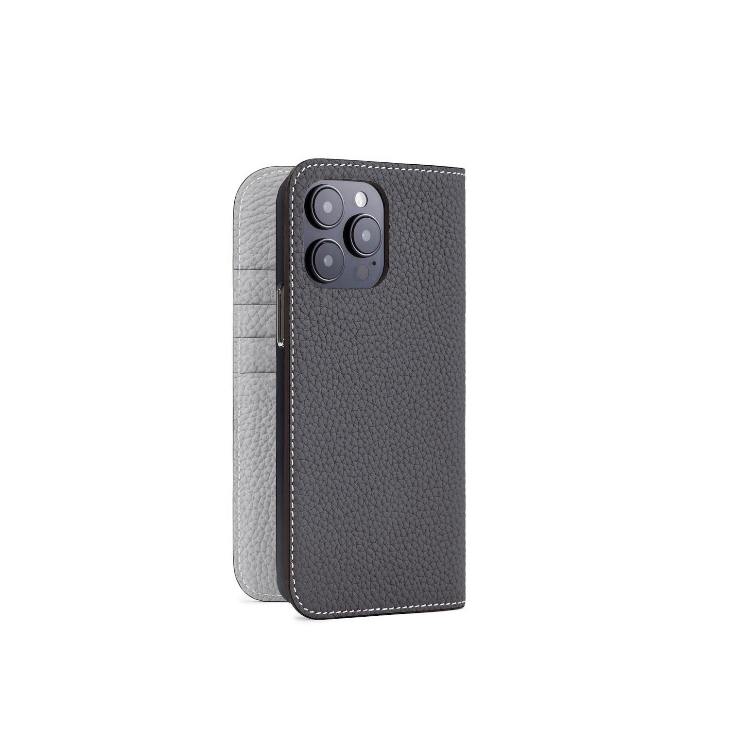 iPhone 15 Pro Max Diary Case Shrink Leather (Charcoal Gray × True Gray)