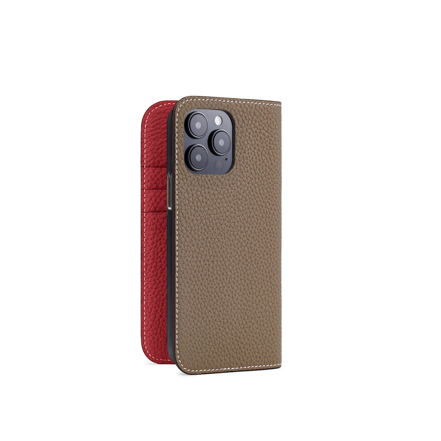 iPhone 15 Pro Max Diary Case Shrink Leather (Etoupe × Red)