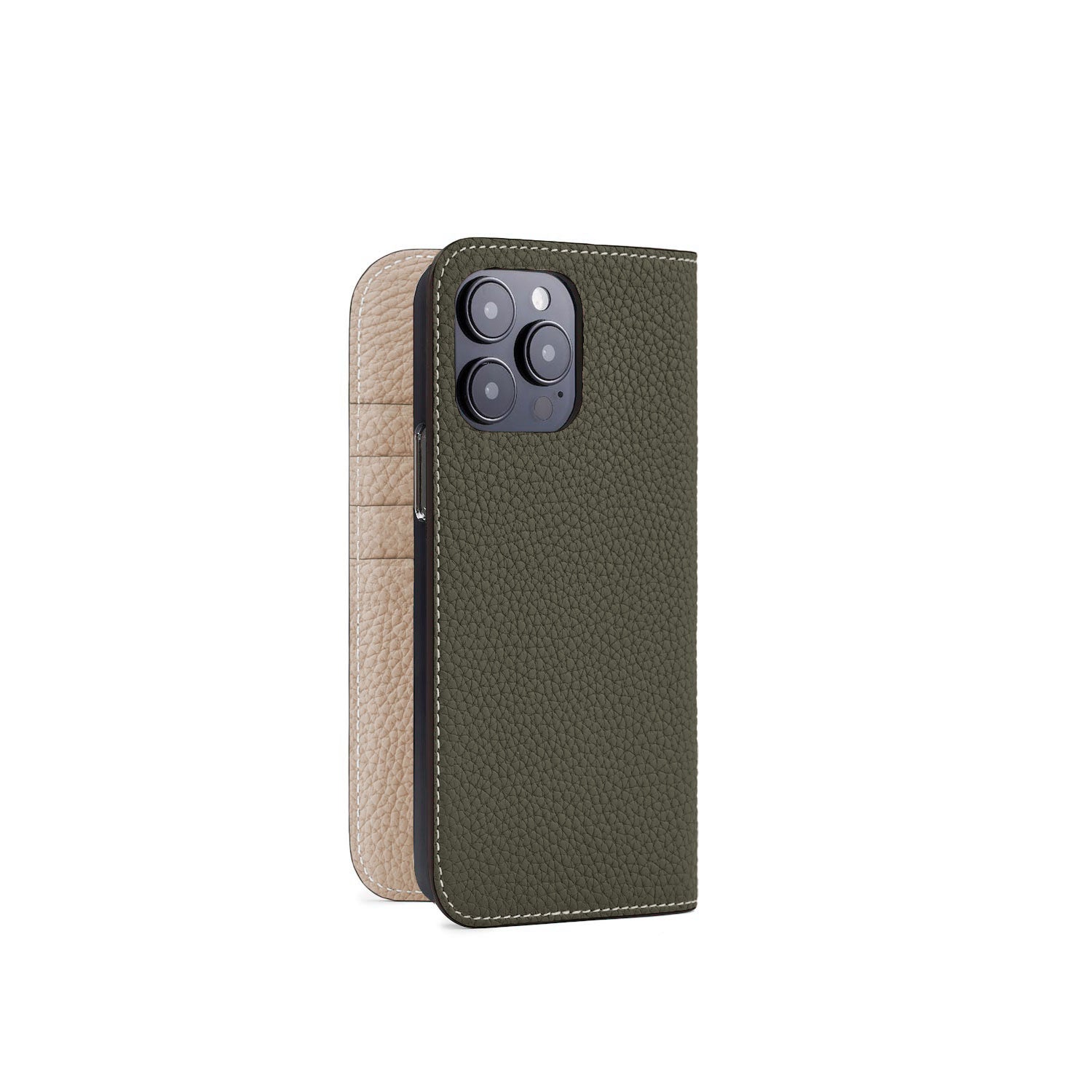 iPhone 15 Pro Max Diary Case Shrink Leather (Olive × Greige)