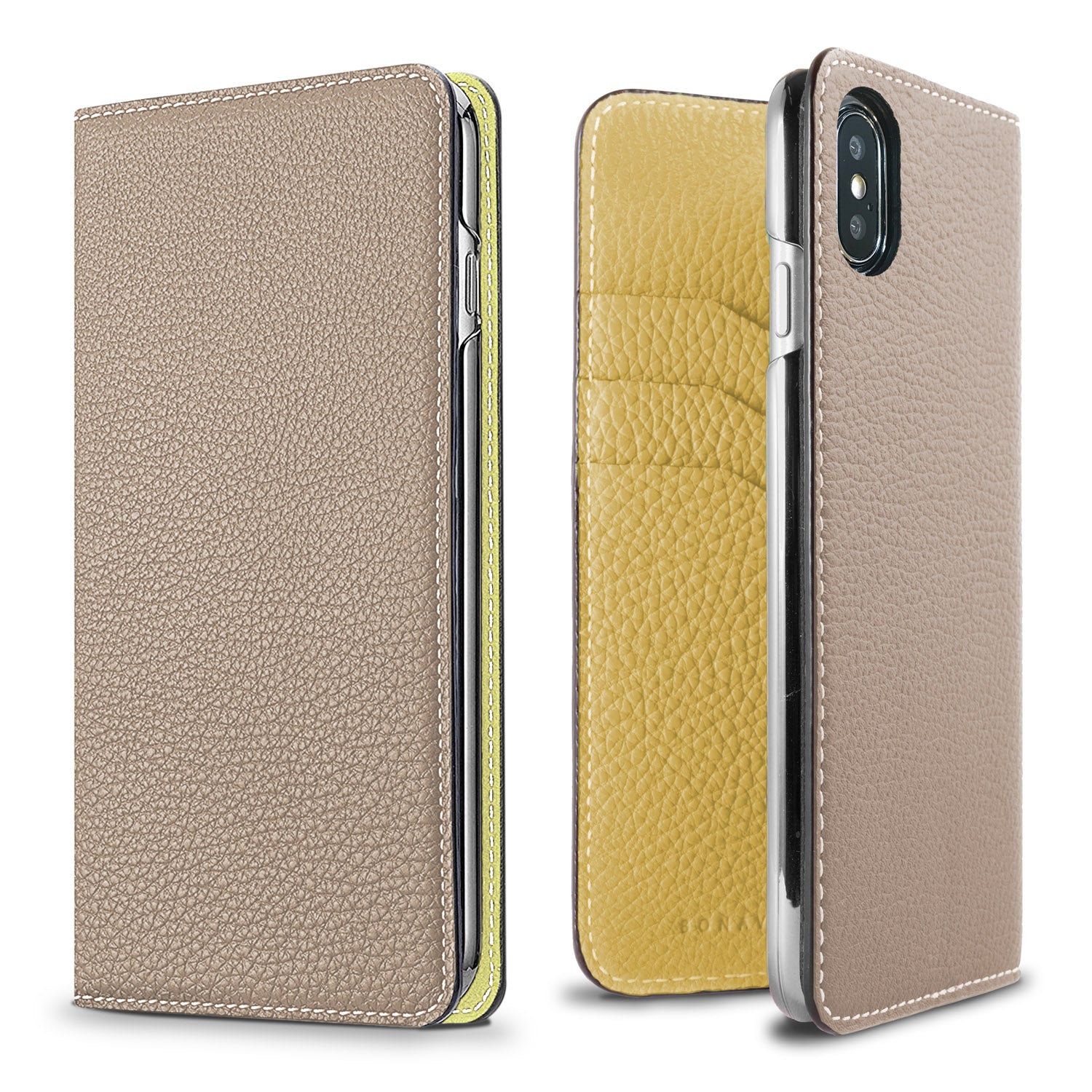 iPhone X / Xs Diary Case Shrink Leather (Greige × Yellow)