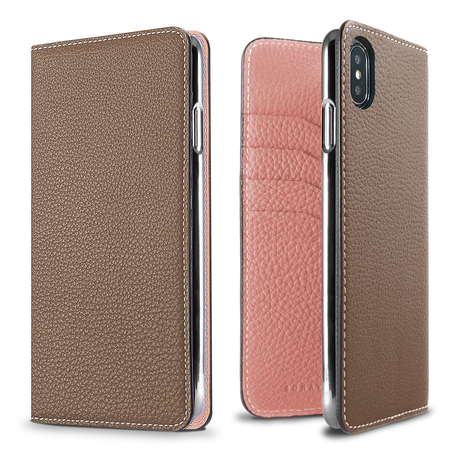 iPhone Xs Max Diary Case Shrink Leather (Etoupe × Coral Pink)