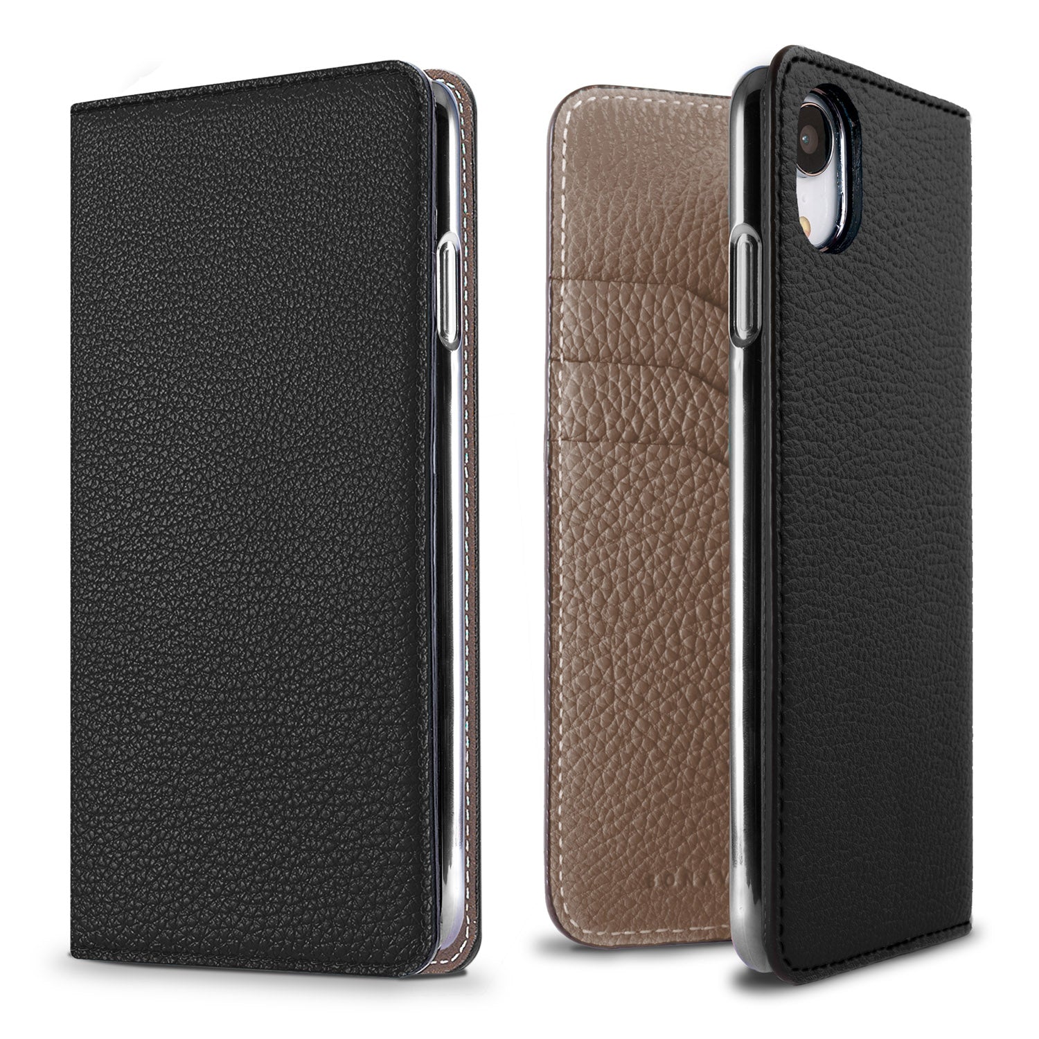 iPhone XR Diary Case Shrink Leather (Black × Etoupe)