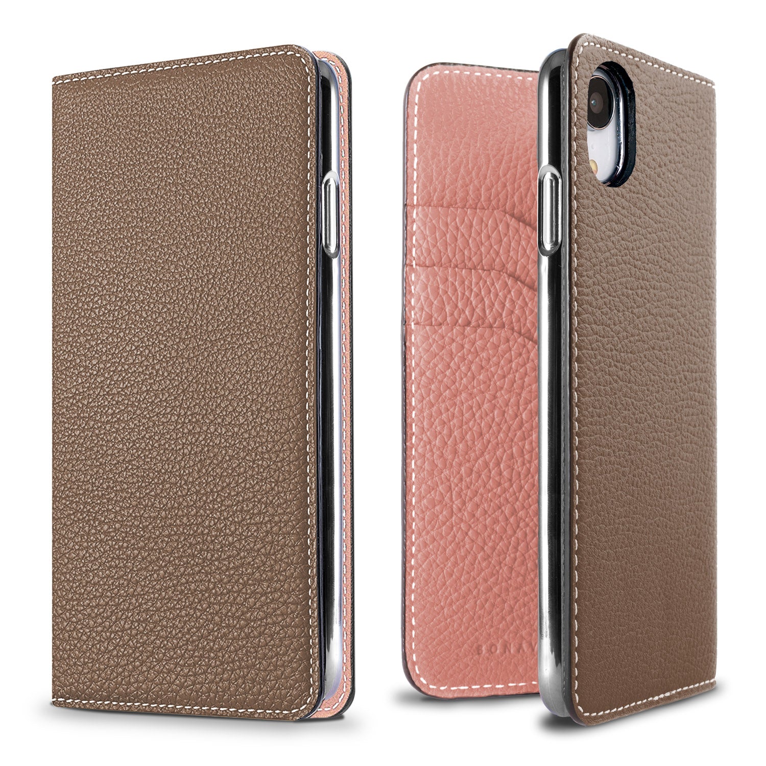 iPhone XR Diary Case Shrink Leather (Etoupe × Coral Pink)