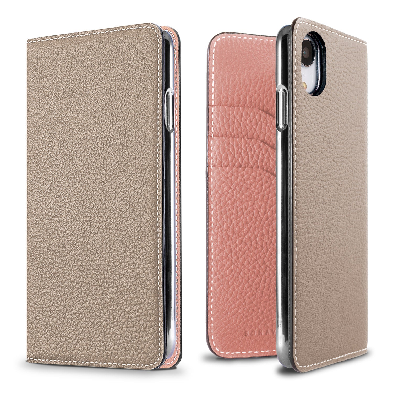 iPhone XR Diary Case Shrink Leather (Greige × Coral Pink)