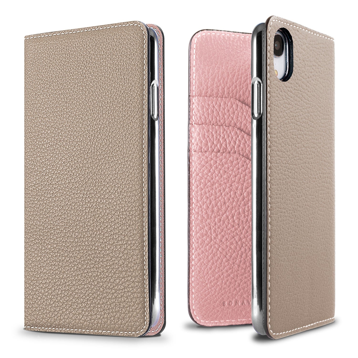 iPhone XR Diary Case Shrink Leather (Greige × Sakura Pink)