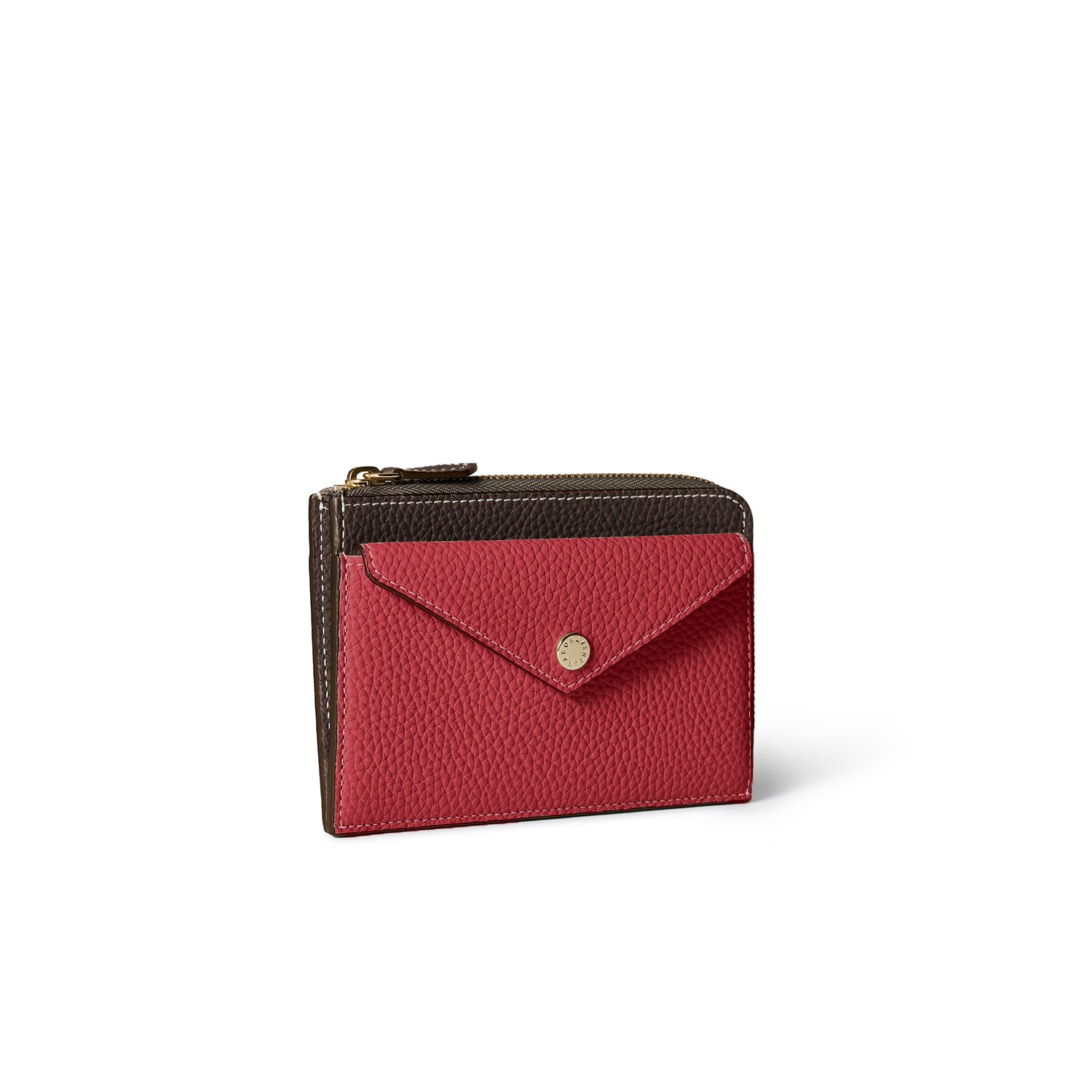 Envelope Zip Wallet Shrink Leather (Chocolate Brown × Red)