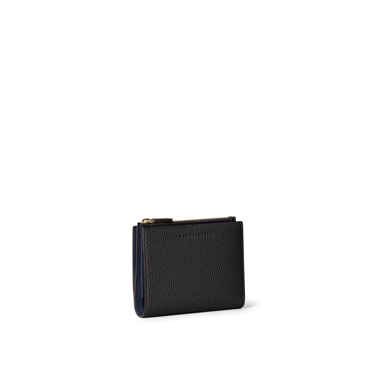 Bi-fold Slim Wallet Shrink Leather (Black × Navy)