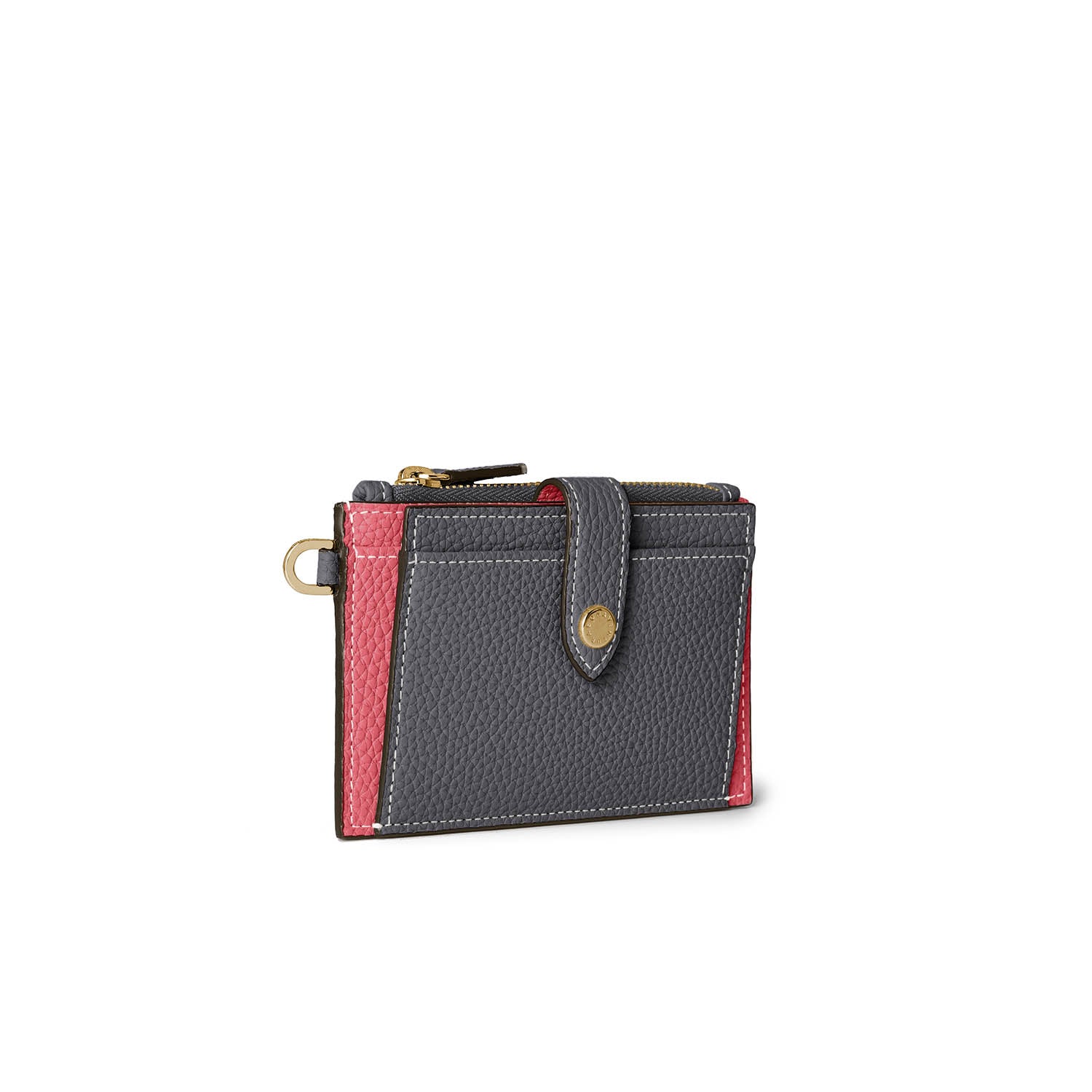 Belted Card Case with Flap Shrink Leather (Charcoal Gray × Azalee Pink)