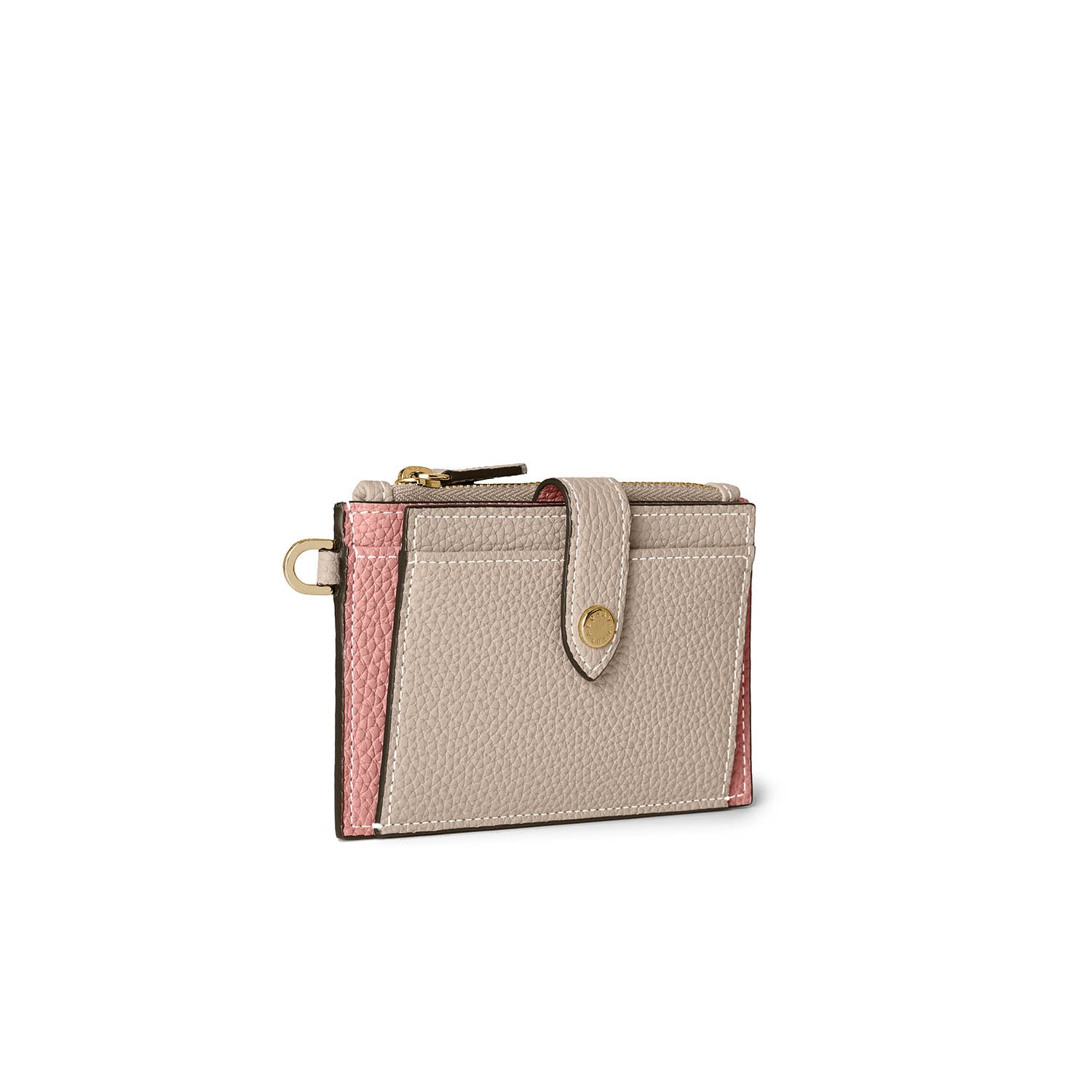 Belted Card Case with Flap Shrink Leather (Greige × Coral Pink)