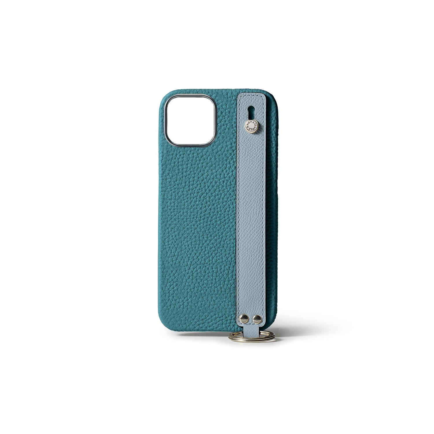 iPhone 15 Back Cover Case with Handle Bottalato Leather (Blue Cyan × Blue Lin - Silver)