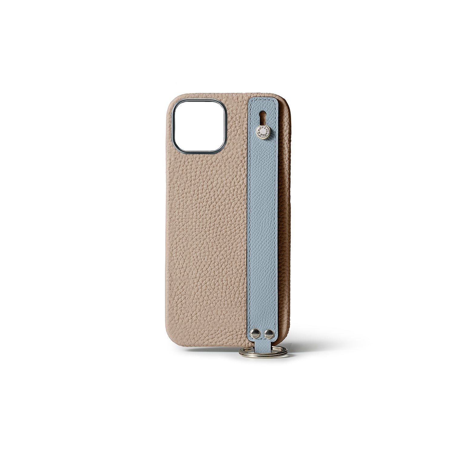 iPhone 15 Back Cover Case with Handle Bottalato Leather (Greige × Blue Lin - Silver)