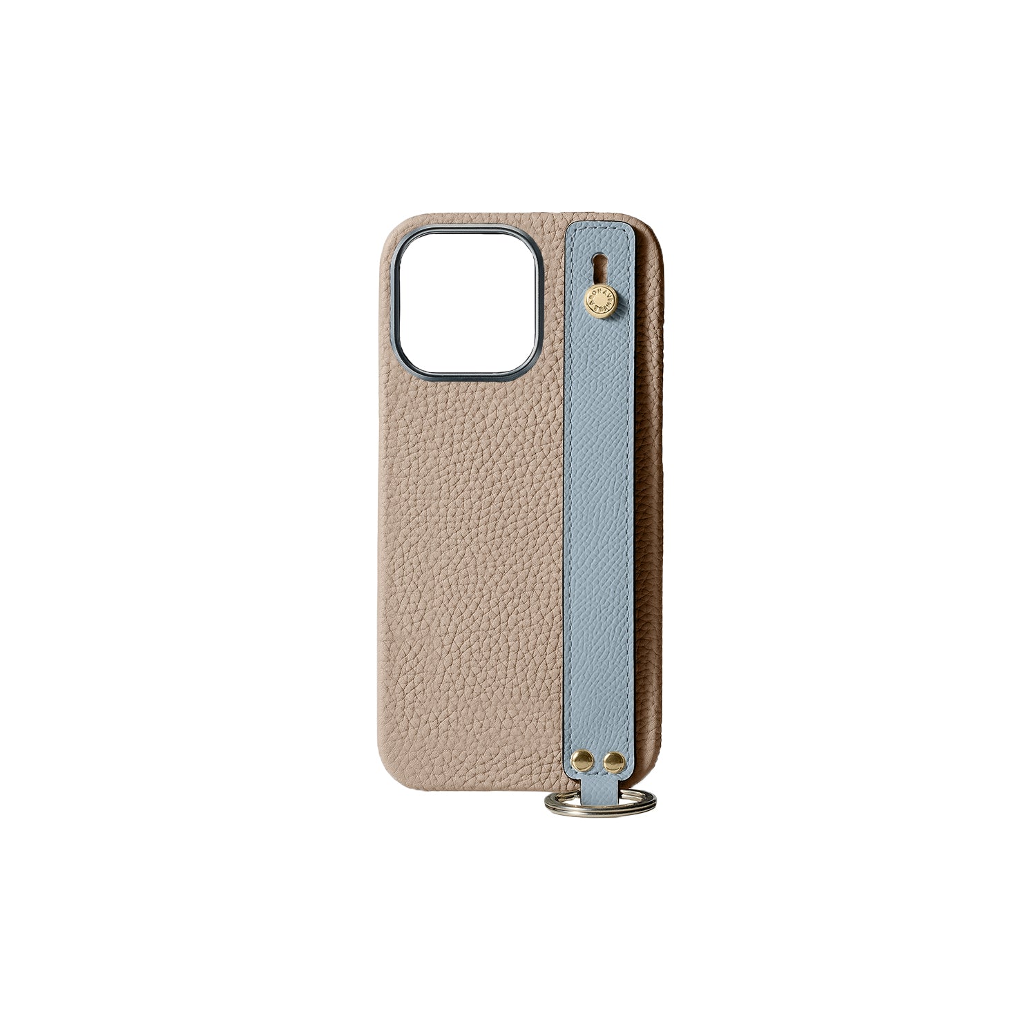 iPhone 15 Pro Back Cover Case with Handle Bottalato Leather (Greige × Blue Lin - Gold)